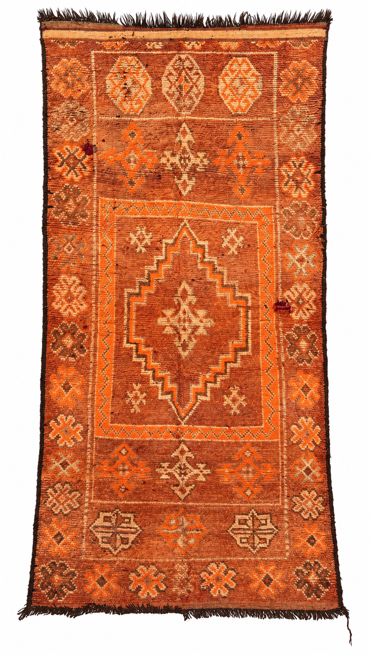 Orange Vintage Moroccan Rug with Stepped Diamond Medallion, 300 × 140 cm.