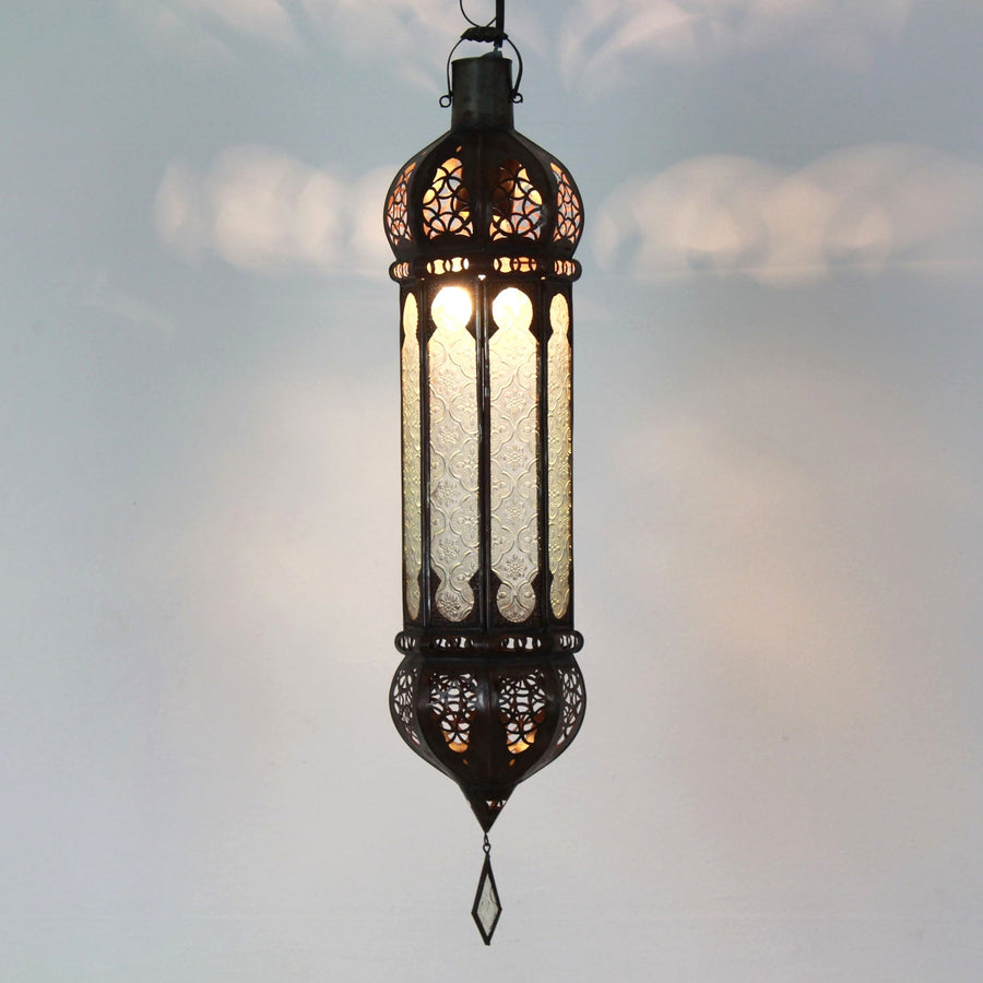 Marokkanische Hängelampe mit Ornamentglas – Yara Weiß 58 cm