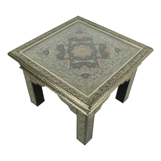 Orientalischer Holztisch Zahir mit Glasplatte und Messing-Ornamenten