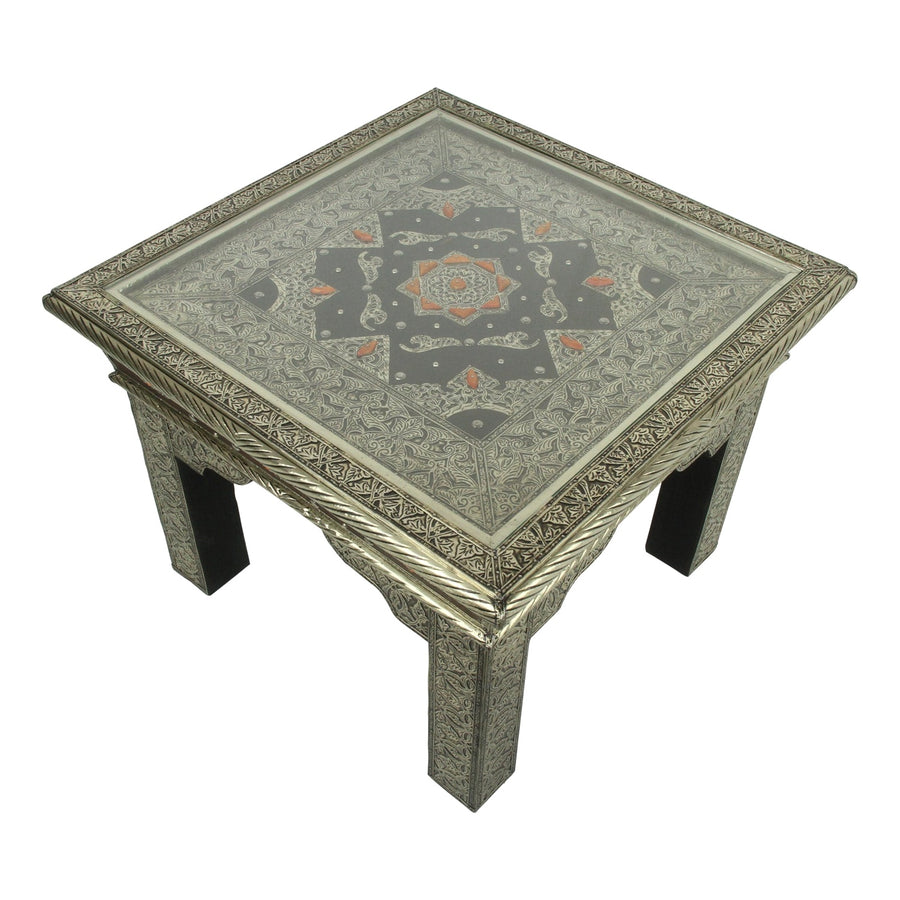 Orientalischer Holztisch Zahir mit Glasplatte und Messing-Ornamenten