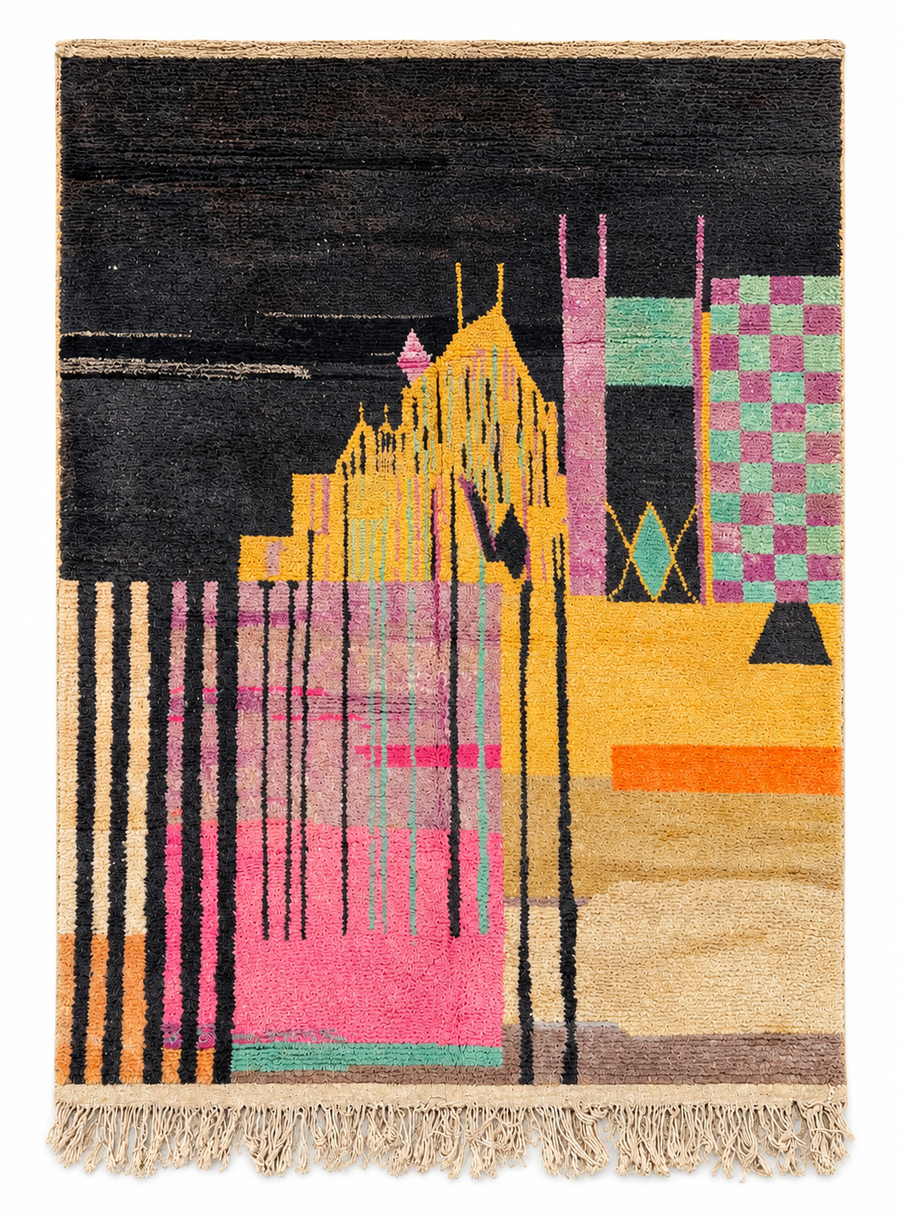 Colorful Vintage Moroccan Rug with Black Color Field, 360 × 260 cm.