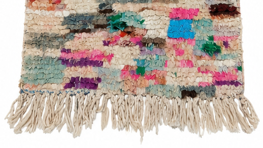 Vintage Berberläufer Bunt mit kleinen Farbflächen, 272 × 73 cm, MF-030 – Detailausschnitt von Kante und Fransen