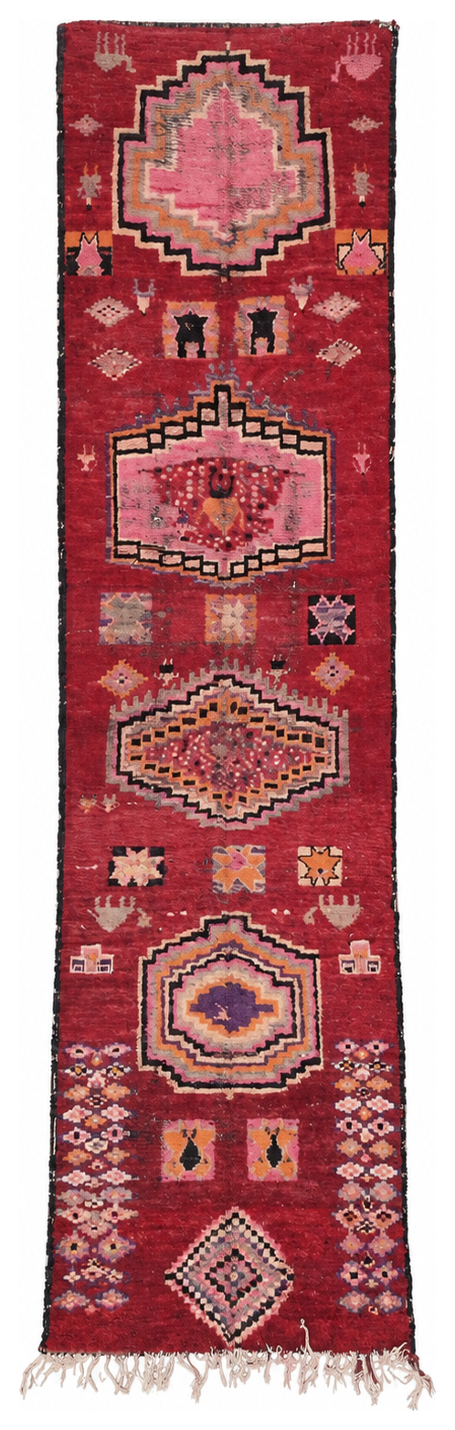 Burgundy Vintage Moroccan Runner with Medallions, 387 × 95 cm.