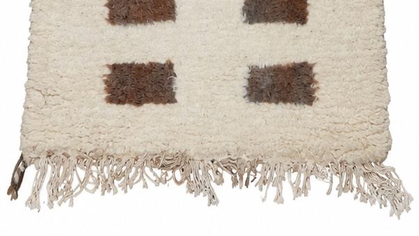 Vintage Berberläufer Creme-Braun mit zwei Reihen Rechtecken, 263 × 80 cm, MF-034 – Detailausschnitt von Kante und Fransen