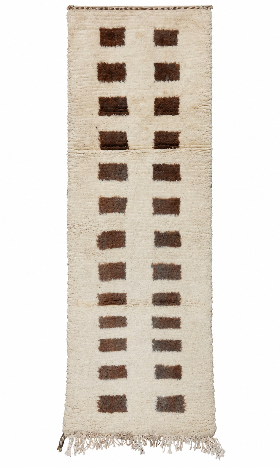 Cream and Brown Vintage Moroccan Runner with Rectangle Rows, 263 × 80 cm.