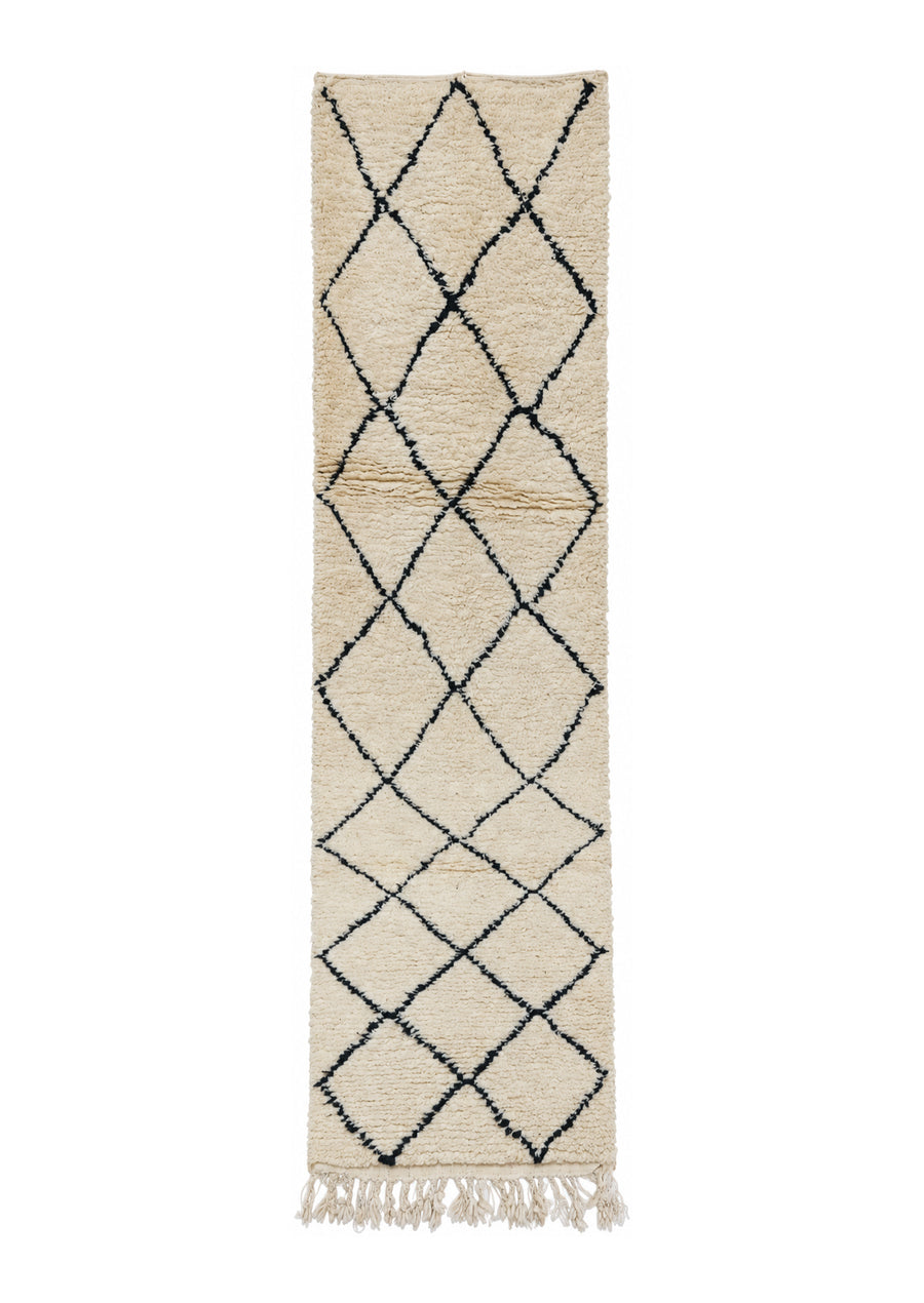 Cream Vintage Moroccan Runner with Dark Diamonds, 286 × 74 cm.
