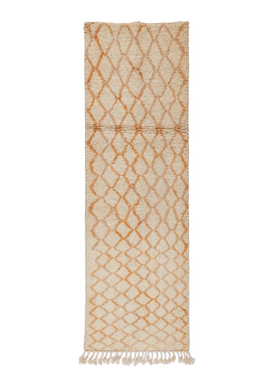Cream and Ochre Vintage Moroccan Runner with Diamond Grid, 261 × 80 cm.