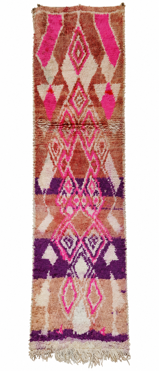 Vintage Berberläufer Rosa-Lila mit Rauten, 290 × 80 cm, MF-025 – Gesamtansicht auf weißem Hintergrund