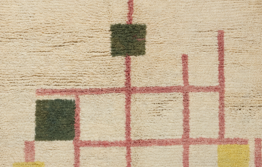 Beni Ourain Vintage Teppich Creme mit bunten Quadraten und rosafarbenem Raster, 288 × 209 cm, MF-039 – Detailausschnitt des Musters