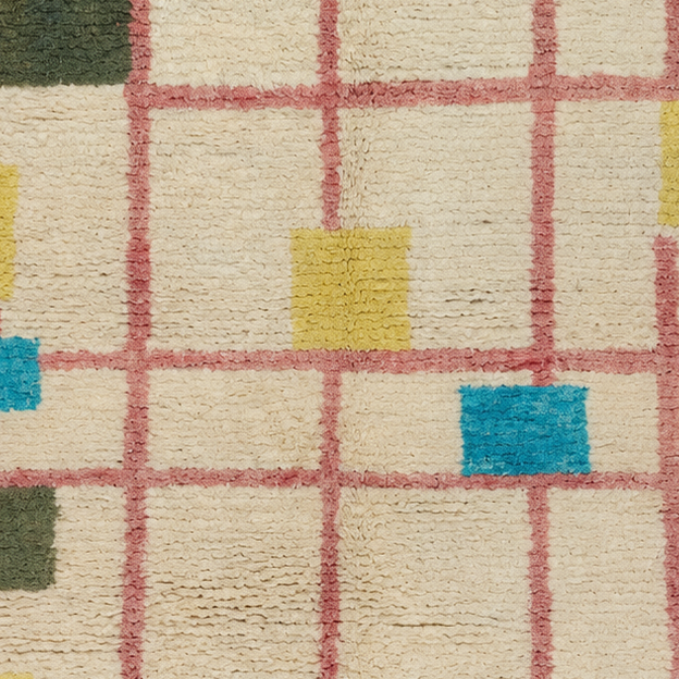 Beni Ourain Vintage Teppich Creme mit bunten Quadraten und rosafarbenem Raster, 288 × 209 cm, MF-039 – Detailausschnitt der Oberfläche