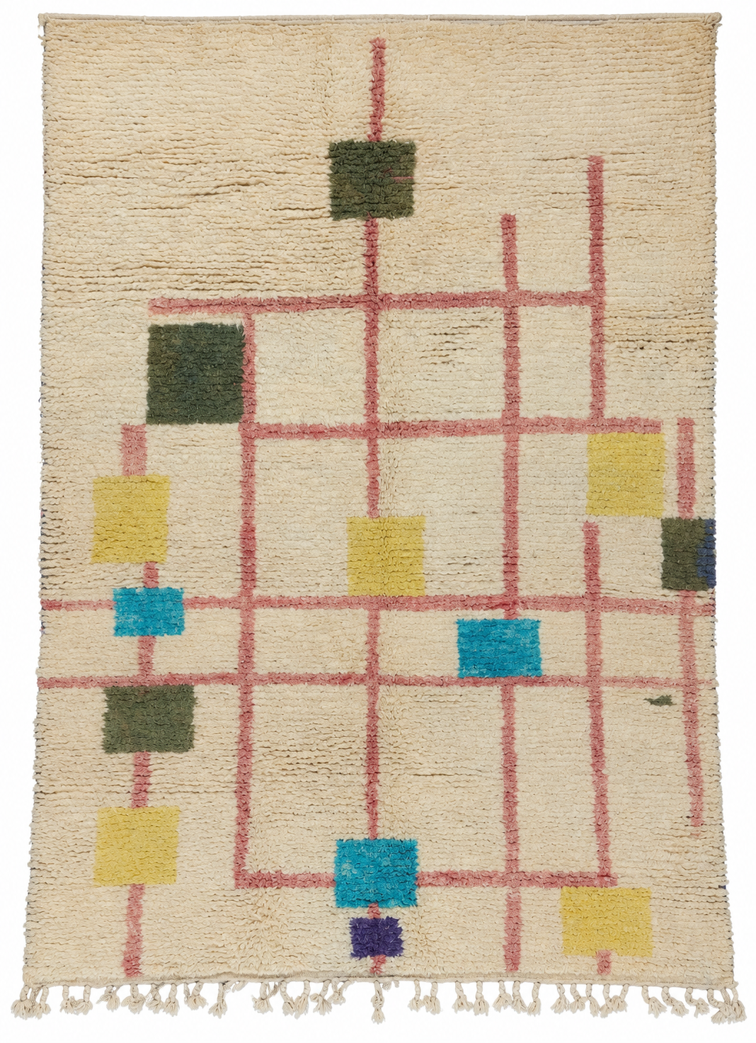 Beni Ourain Vintage Teppich Creme mit bunten Quadraten und rosafarbenem Raster, 288 × 209 cm, MF-039 – Gesamtansicht auf weißem Hintergrund