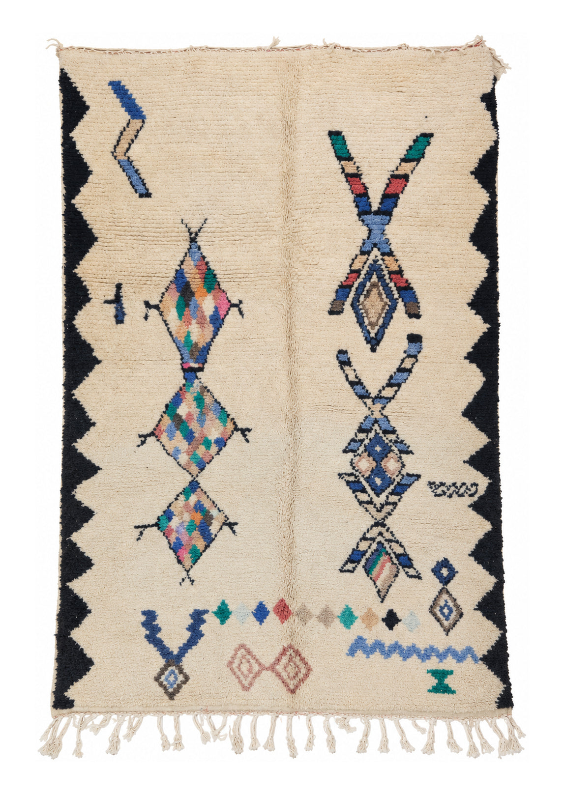Beni Ourain Vintage Teppich Creme mit bunten Symbolen und dunkler Bordüre · 293 × 192 cm · MF-008 – gerade Gesamtansicht auf weißem Hintergrund