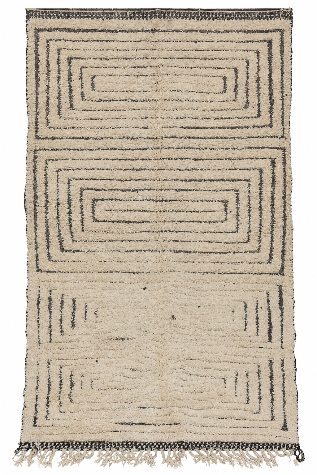 Cream Vintage Beni Ourain Rug with Three Dark Frames, 311 × 192 cm.