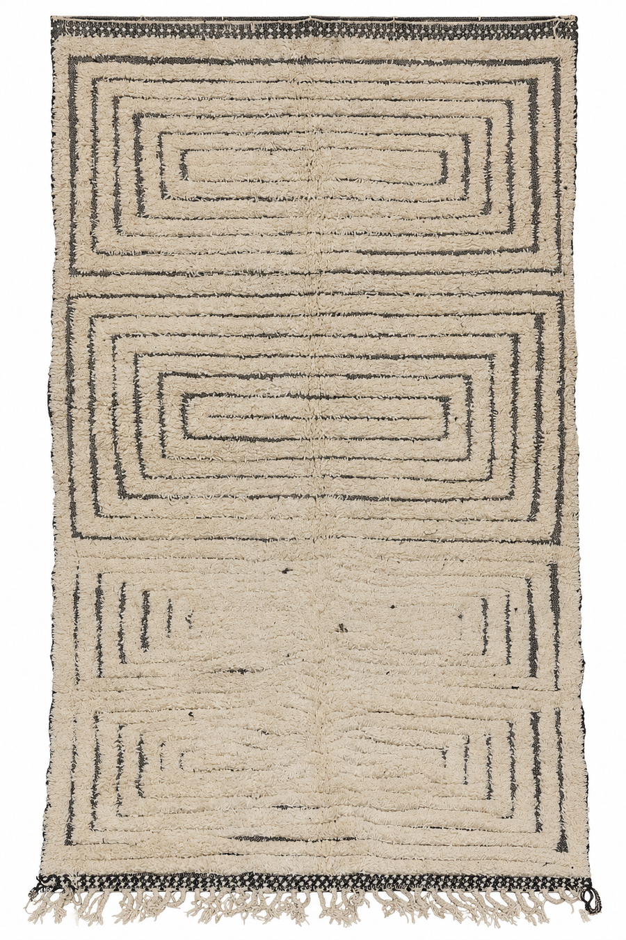 Cream Vintage Beni Ourain Rug with Three Dark Frames, 311 × 192 cm.