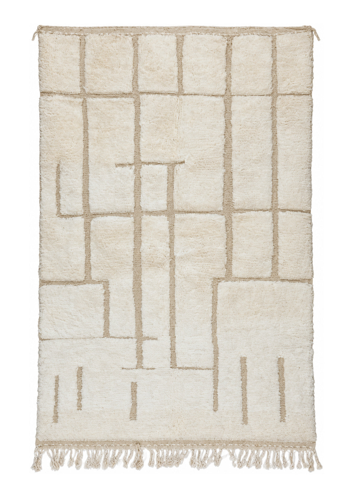 Beni Ourain Vintage Teppich Creme mit hellem Linienraster · 244 × 158 cm · MF-014 – gerade Gesamtansicht auf weißem Hintergrund