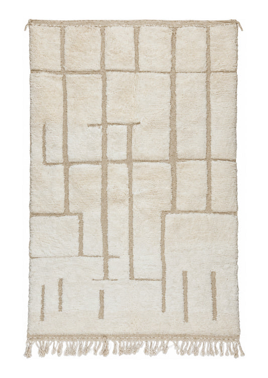 Beni Ourain Vintage Teppich Creme mit hellem Linienraster · 244 × 158 cm · MF-014 – gerade Gesamtansicht auf weißem Hintergrund