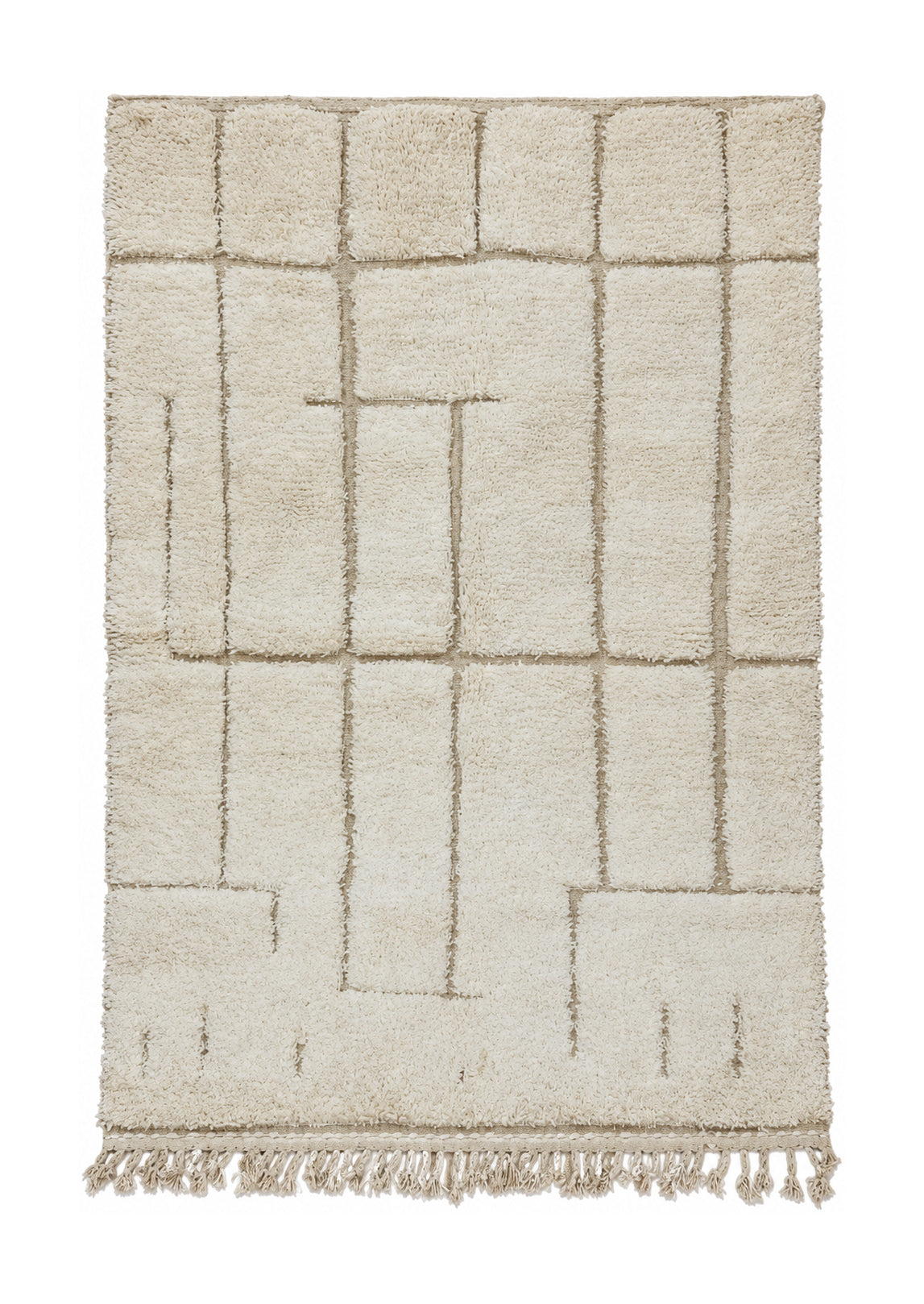 Beni Ourain Vintage Teppich Creme-Taupe mit offenem Gitter · 237 × 156 cm · MF-011 – gerade Gesamtansicht auf weißem Hintergrund