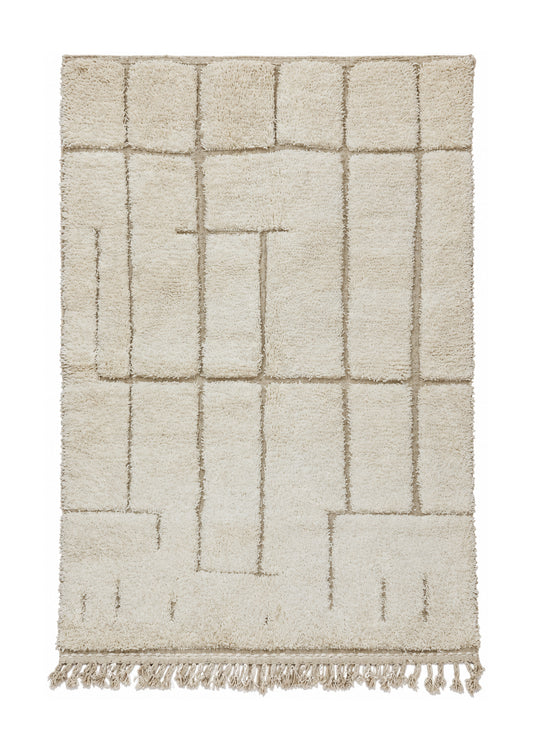 Beni Ourain Vintage Teppich Creme-Taupe mit offenem Gitter · 237 × 156 cm · MF-011 – gerade Gesamtansicht auf weißem Hintergrund
