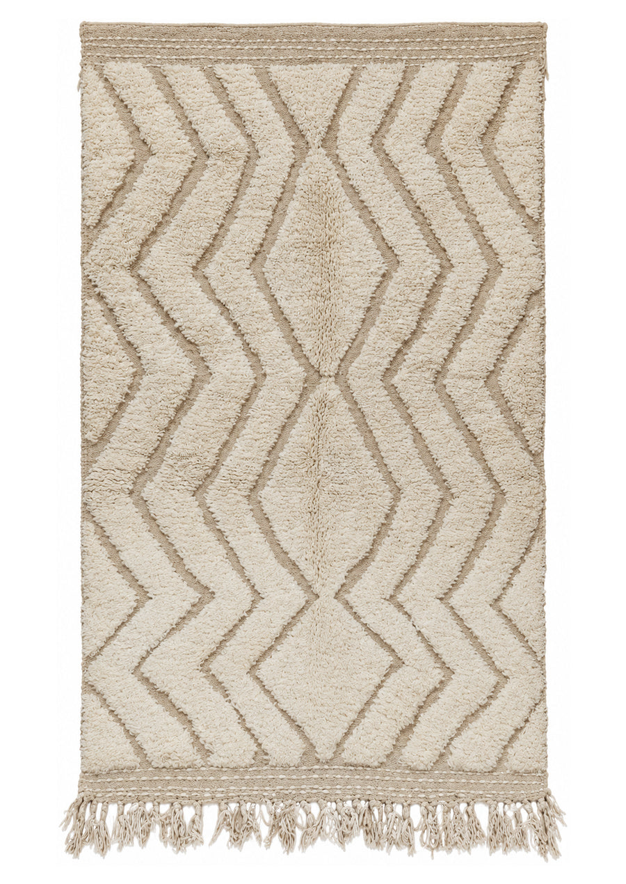 Full view of Cream and Taupe Vintage Beni Ourain Rug with Zigzags, 250 × 150 cm.