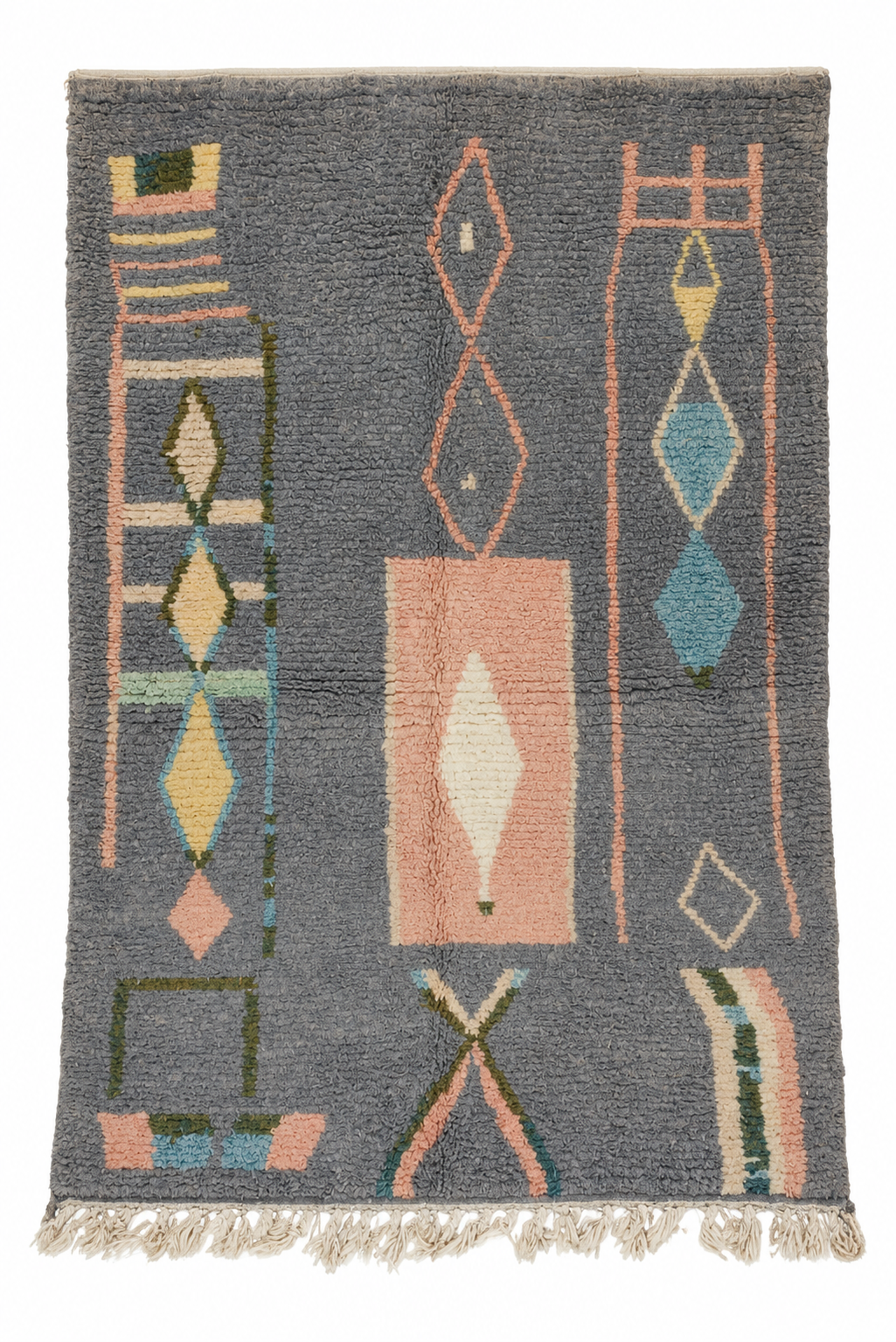Beni Ourain Vintage Teppich Grau mit pastellfarbenen Symbolen, 243 × 154 cm, MF-031 – Gesamtansicht auf weißem Hintergrund