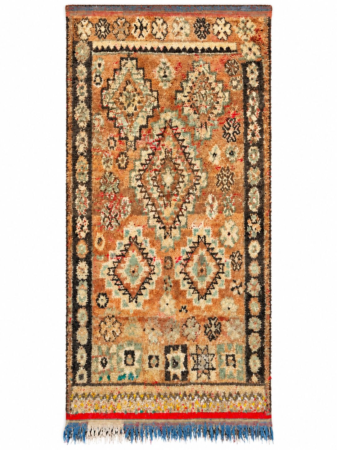 Beige Vintage Moroccan Rug with Green Diamonds, 340 × 160 cm.