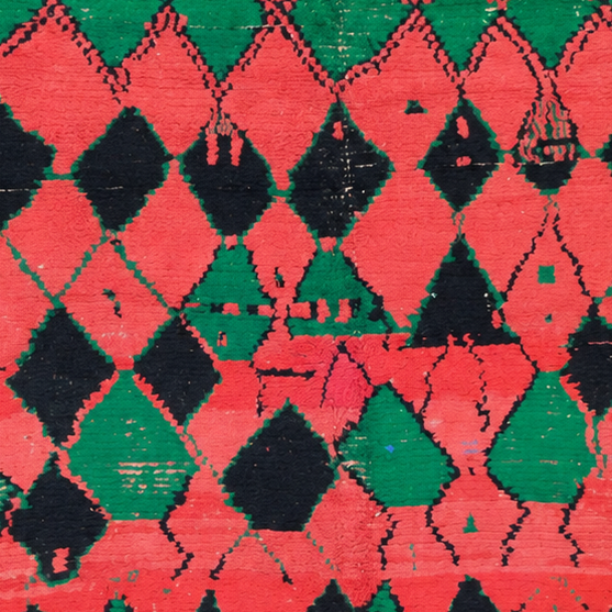 Vintage Berberteppich Korallrot mit bunten Rauten, 310 × 160 cm, MF-046 – Detailausschnitt des Musters