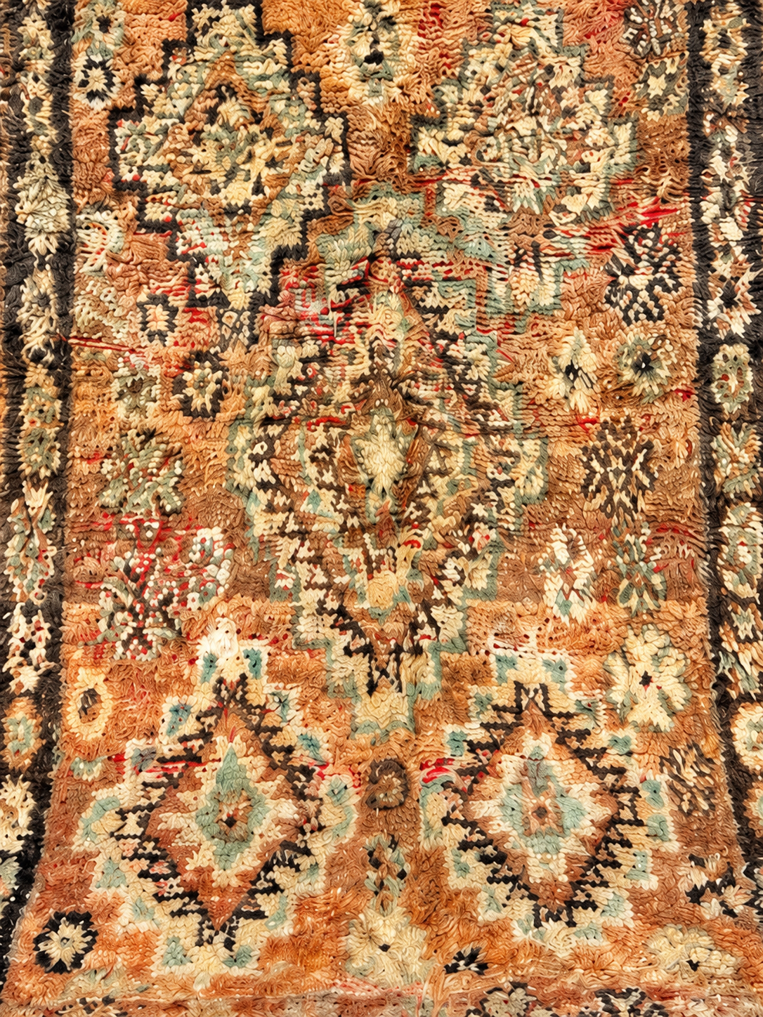 Detail of Beige Vintage Moroccan Rug with Green Diamonds, 340 × 160 cm.