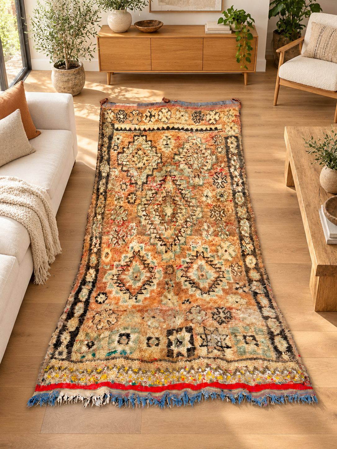 AI-generated room inspiration: Beige Vintage Moroccan Rug with Green Diamonds, 340 × 160 cm.
