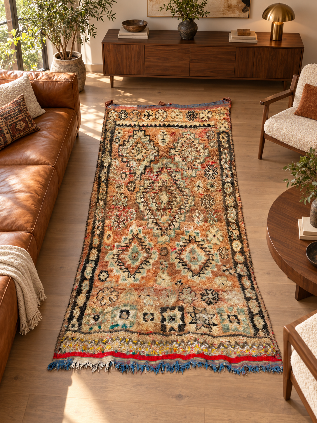 AI-generated room inspiration: Beige Vintage Moroccan Rug with Green Diamonds, 340 × 160 cm.