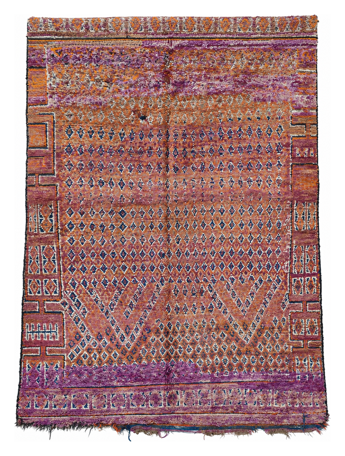 Vintage Berberteppich Ocker-Lila mit feinem Rautennetz, 255 × 177 cm, MF-051 – Gesamtansicht auf weißem Hintergrund