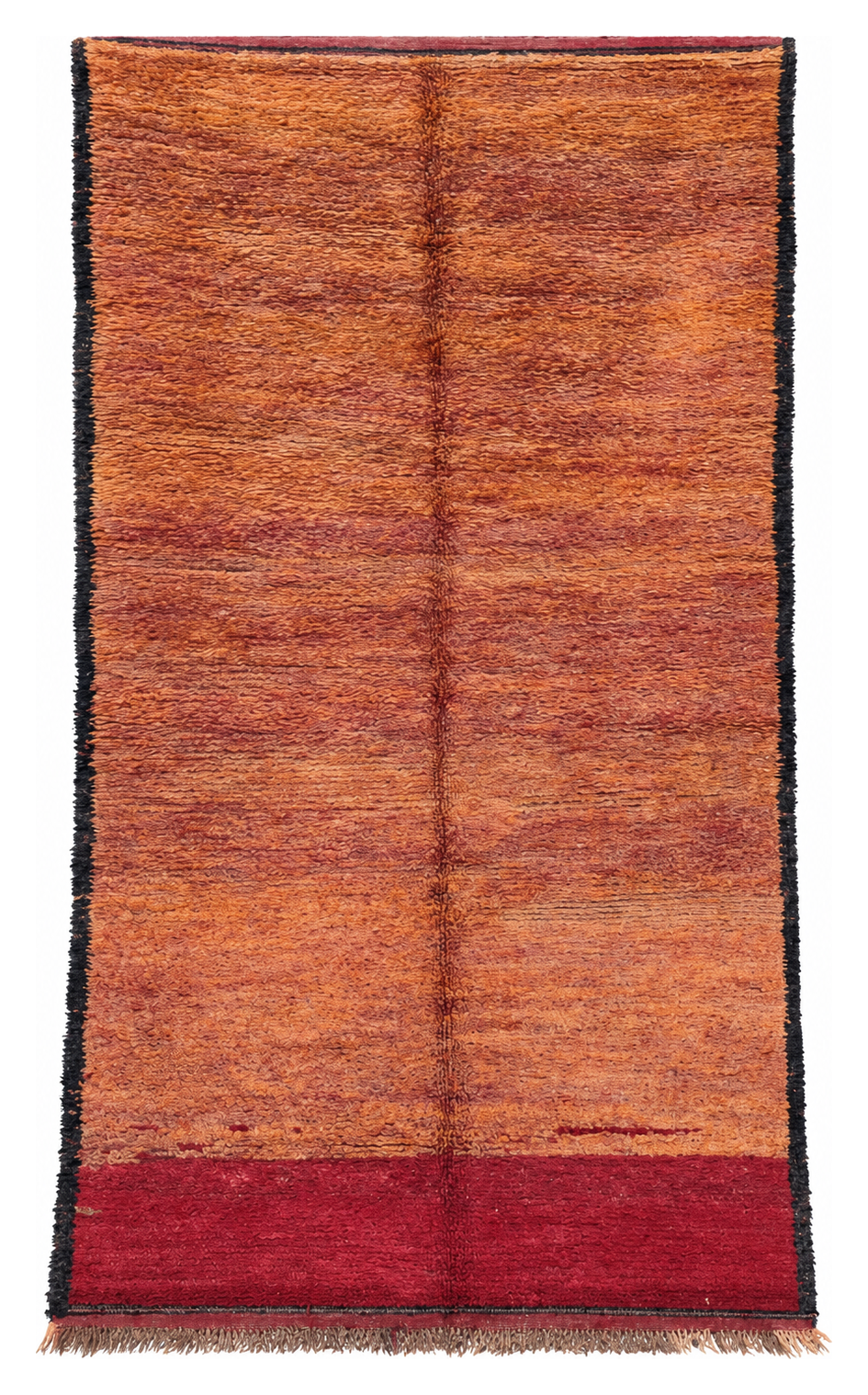Vintage Berberteppich Ocker mit burgunderrotem Abschluss, 275 × 150 cm, MF-055 – Gesamtansicht auf weißem Hintergrund