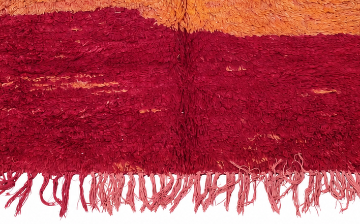 Vintage Berberteppich Orange mit burgunderroten Streifen, 250 × 200 cm, MF-061 – Detailausschnitt von Kante und Fransen