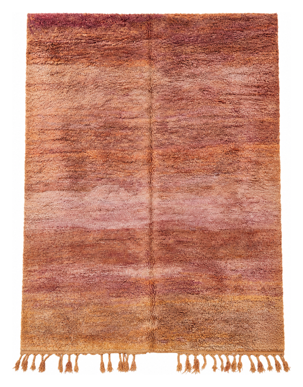 Vintage Moroccan rug with rose and ochre color fields, photographed on its own.