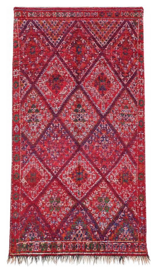Vintage Berberteppich Rot mit verflochtenen Rauten, 334 × 172 cm, MF-053 – Gesamtansicht auf weißem Hintergrund