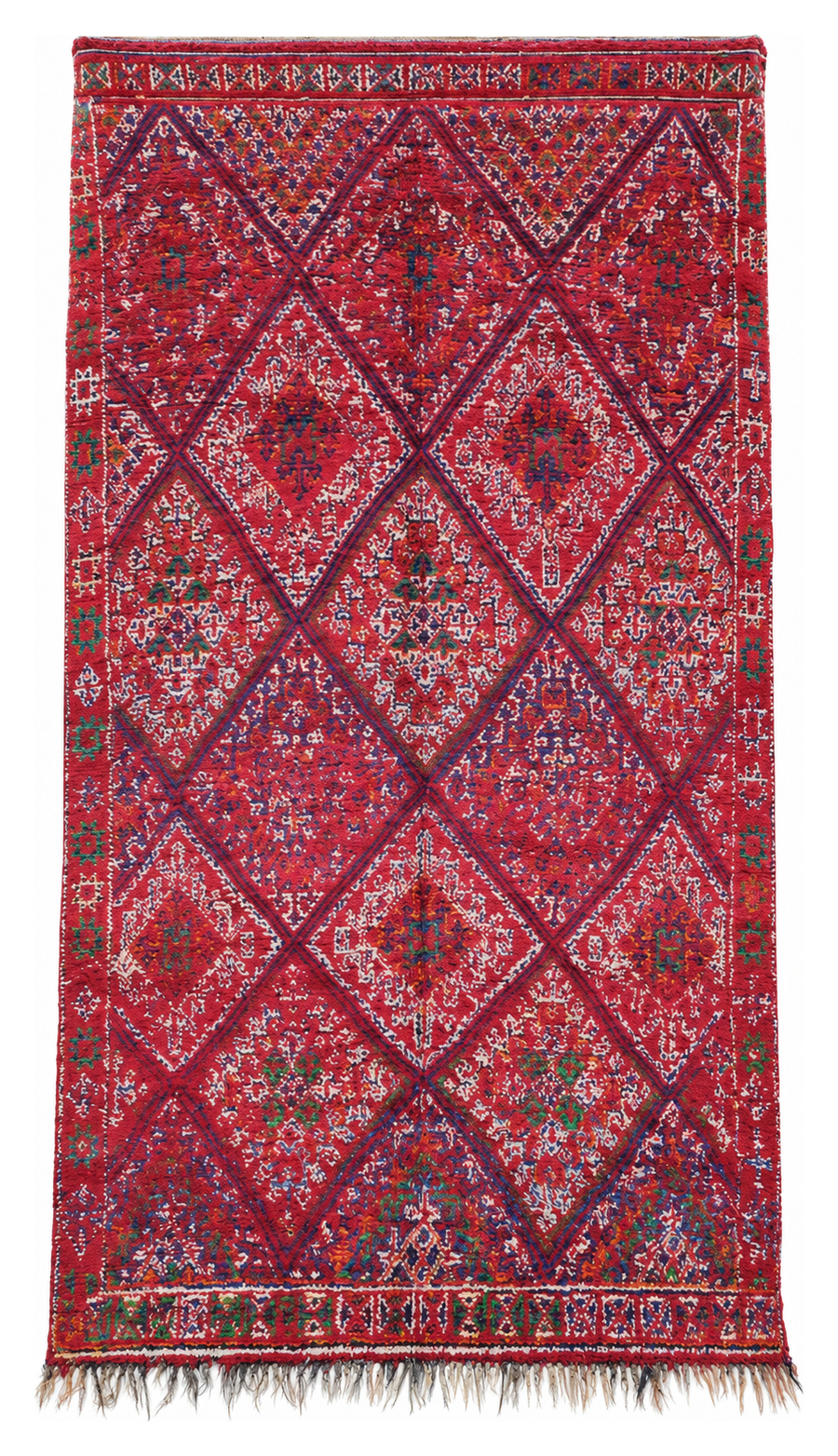 Red Vintage Moroccan Rug with Interlocking Diamonds, 334 × 172 cm.