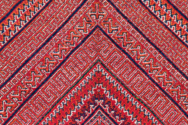 Detail of Red Vintage Moroccan Rug with Nested Diamonds, 320 × 250 cm.