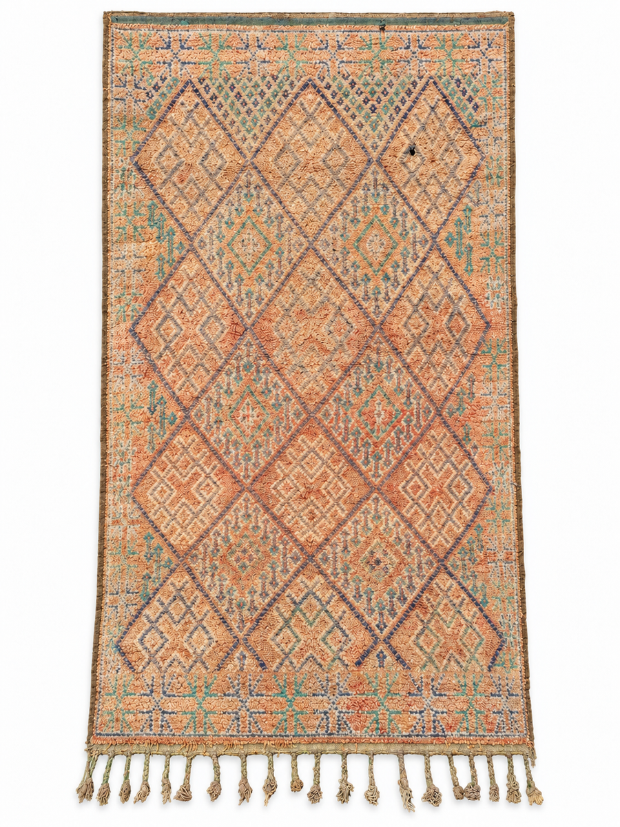 Light Vintage Moroccan Rug with Pink and Gray Diamonds, 340 × 170 cm.
