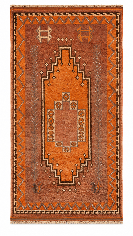 Vintage Läufer Orange mit gezacktem Zentralmedaillon – 326 × 124 cm – flache Gesamtansicht auf Weiß.