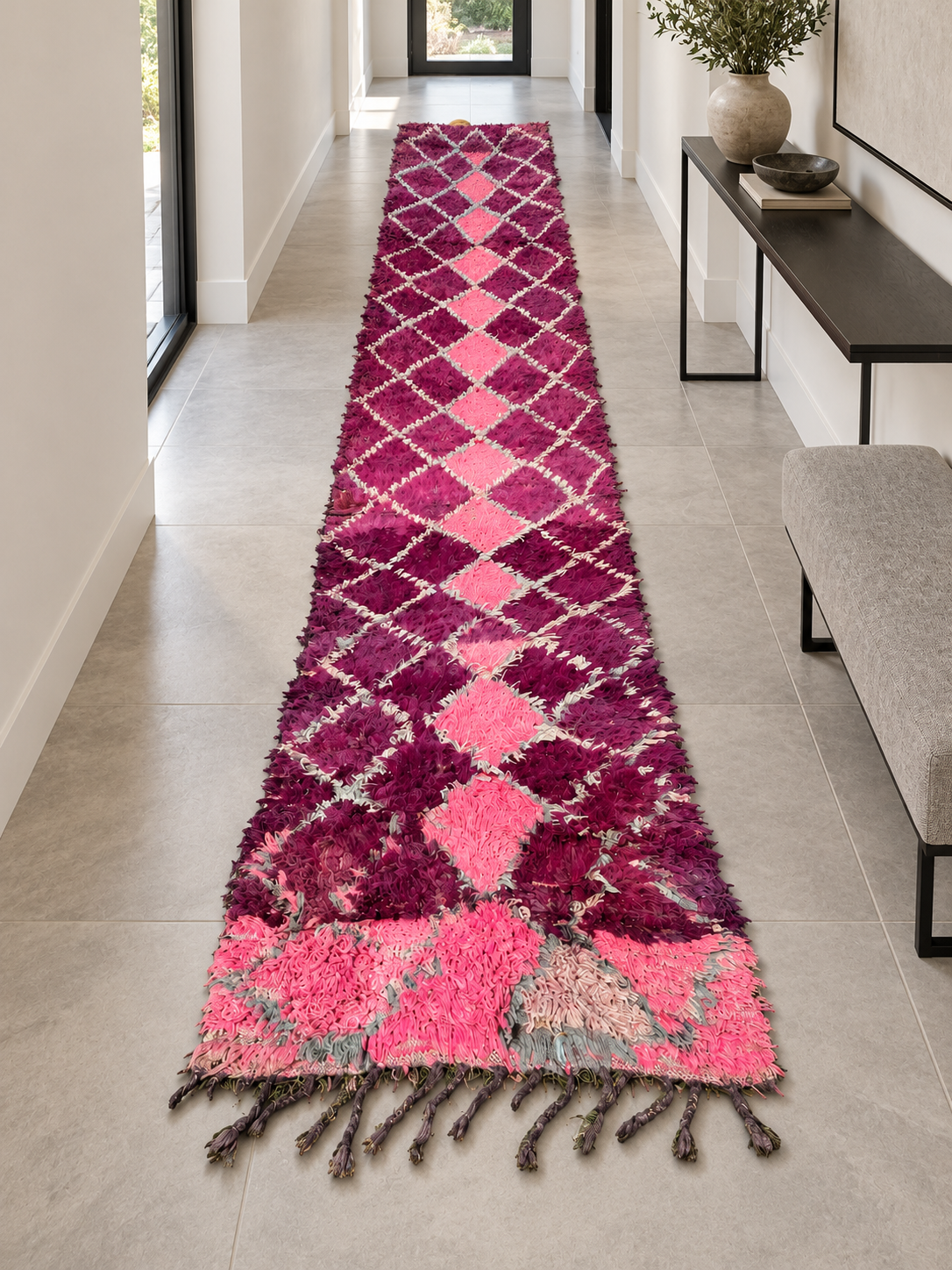 AI-generated room inspiration: Pink Vintage Moroccan Runner with Light Diamonds, 440 × 103 cm.