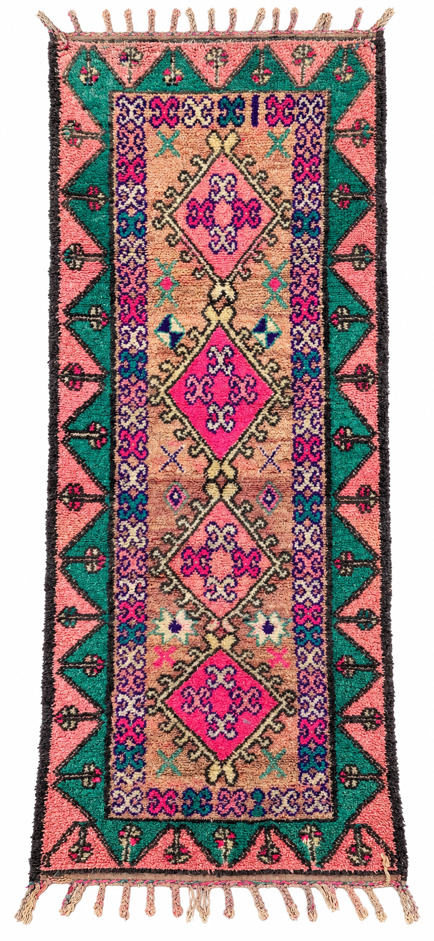 Vintage Läufer Rosa Grün mit Medaillons, 346 × 160 cm – anhand des Originalfotos freigestellte Gesamtansicht.