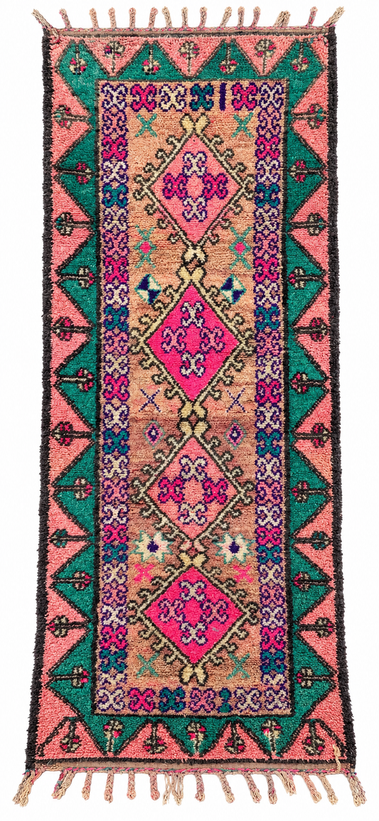 Vintage Läufer Rosa Grün mit Medaillons, 346 × 160 cm – anhand des Originalfotos freigestellte Gesamtansicht.