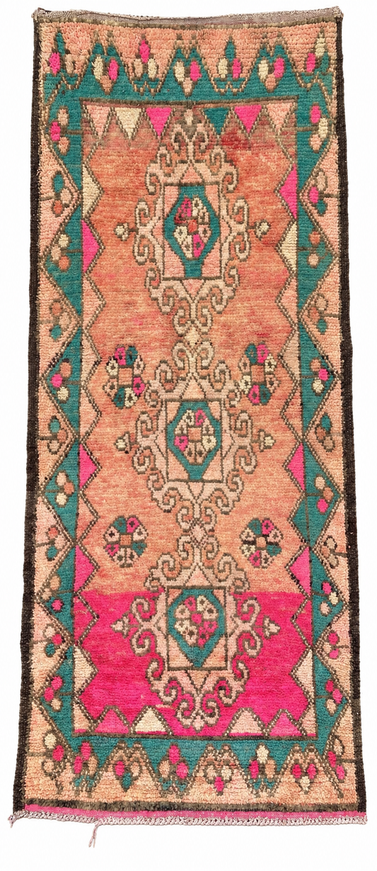 Vintage Läufer Rosa Grün mit verblassten Medaillons – 268 × 116 cm – freigestellte Gesamtansicht anhand des Originalfotos.