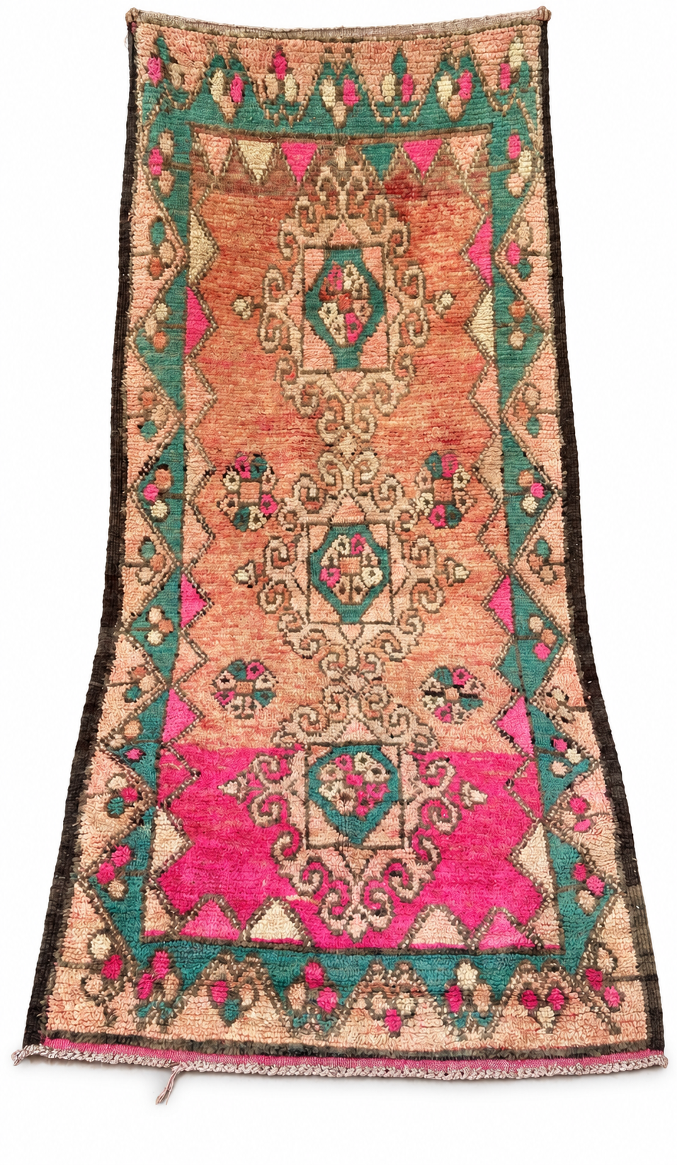 Pink and Green Vintage Moroccan Runner with Faded Medallions, 268 × 116 cm.