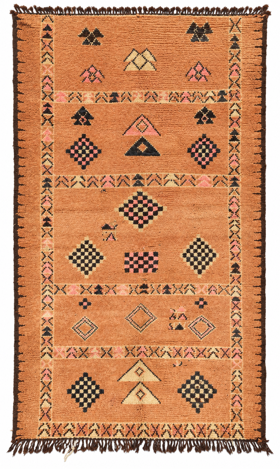 AI-assisted cutout of Apricot Vintage Moroccan Rug with Black Diamonds and Symbols, 273 × 163 cm.