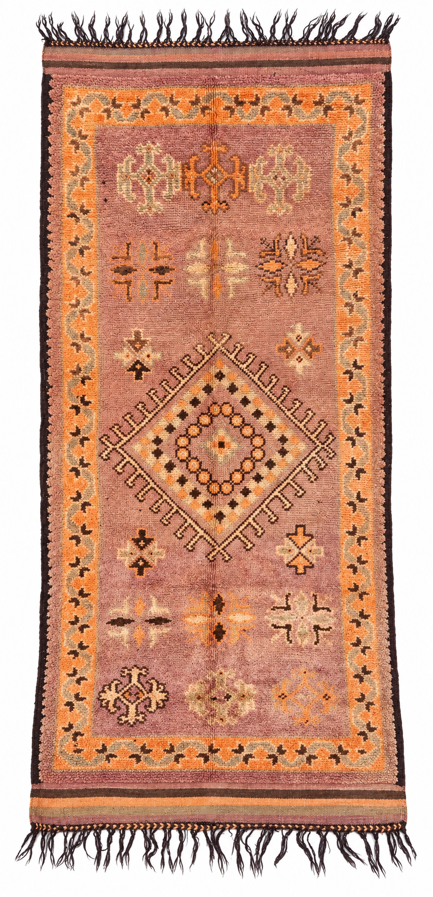 Apricot Vintage Moroccan Rug with Central Diamond, 300 × 145 cm.