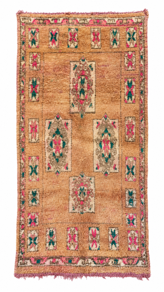 Vintage Teppich Beige mit bunten Symbolreihen – 356 × 180 cm – freigestellte Gesamtansicht anhand des Originalfotos.