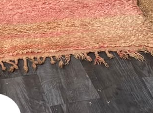Fringe and edge detail of Beige Vintage Moroccan Rug with Pink End Stripe, 283 × 186 cm.