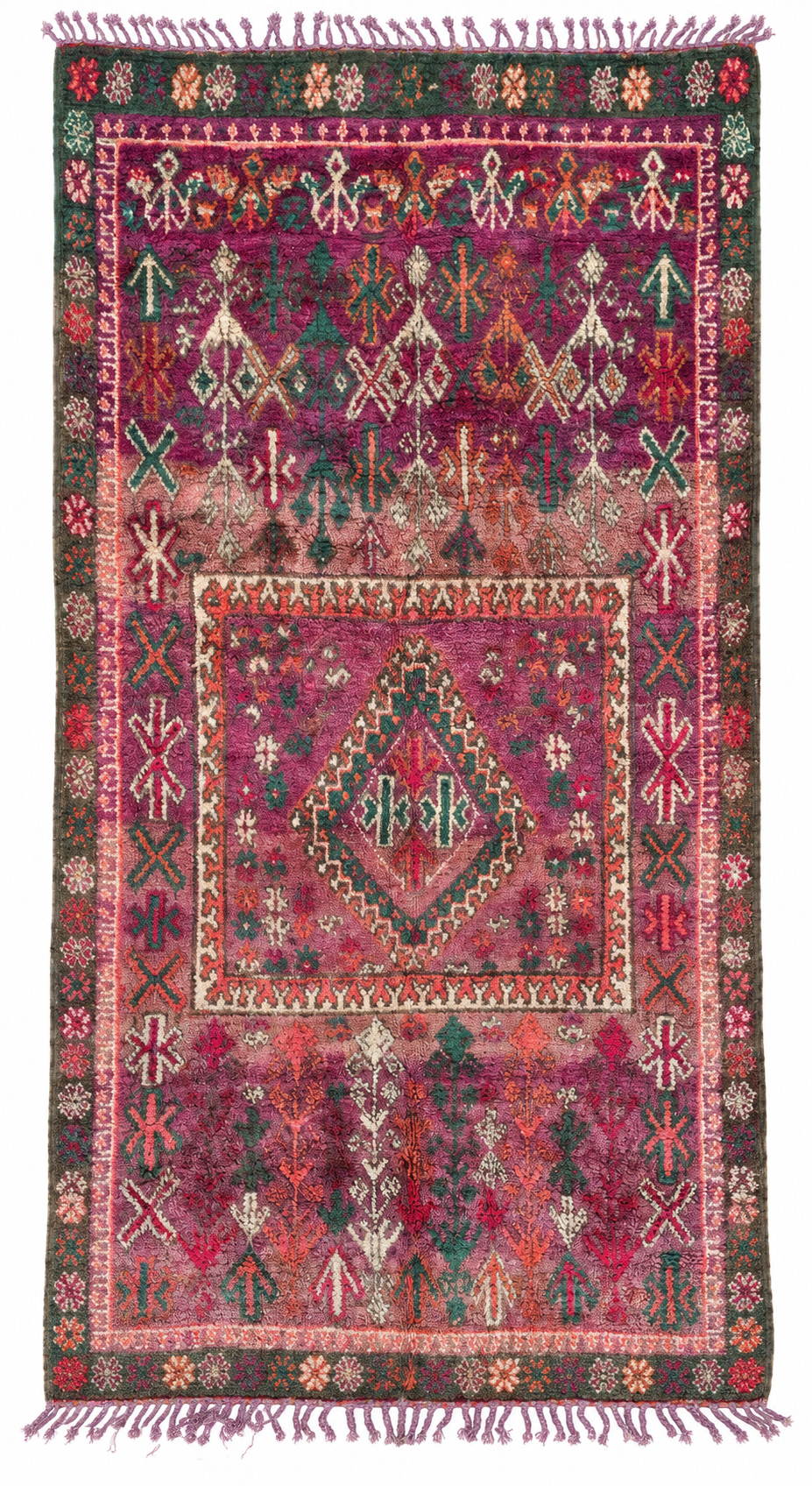 Vintage Teppich Bordeaux Grün mit großen Medaillons – 366 × 200 cm – freigestellte Gesamtansicht anhand des Originalfotos.