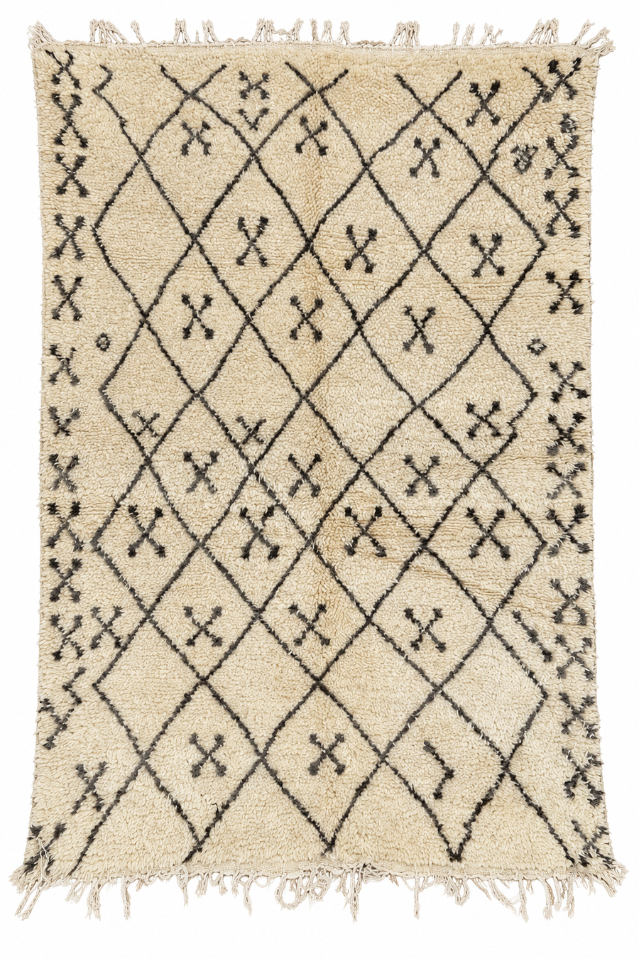 Cream and Black Vintage Moroccan Rug with Diamond Grid, 255 × 170 cm.
