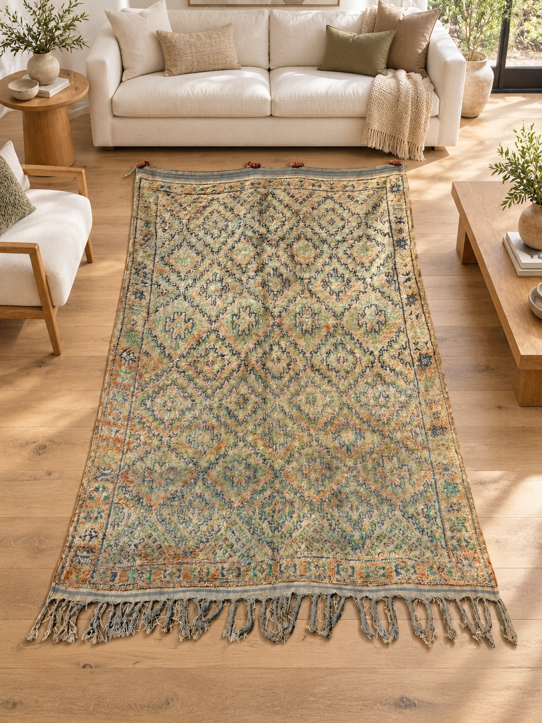 Vintage Teppich in Beige und Grün mit feinem Rautennetz – 360 × 210 cm, im Wohnzimmer – KI-Rauminspiration, Ansicht 1.